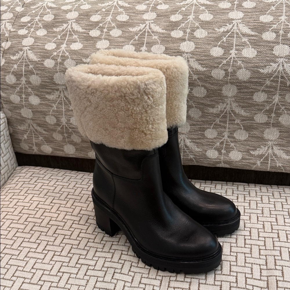 NWOB - Marc Fisher LTD Willoe Shearling Cuff Heeled Boots in Black Leather